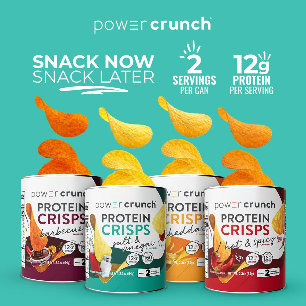 Power Crunch CRISPS Hot and Spicy stack demonstrates portable protein snack options