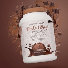 Power Crunch Proto Whey nutrition label close-up showing 20g protein per serving.