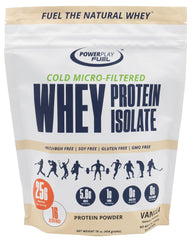 POWER PLAY FUEL vanilla whey isolate bottle showcases fast-absorbing protein for post-workout recovery