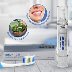 Power Swabs Bright Gel formula uses hydrogen peroxide with soothing aloe for gentle care.