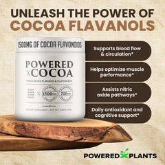 POWERED X PLANTS epicatechin boost graphic emphasizes brain and heart wellness potential.