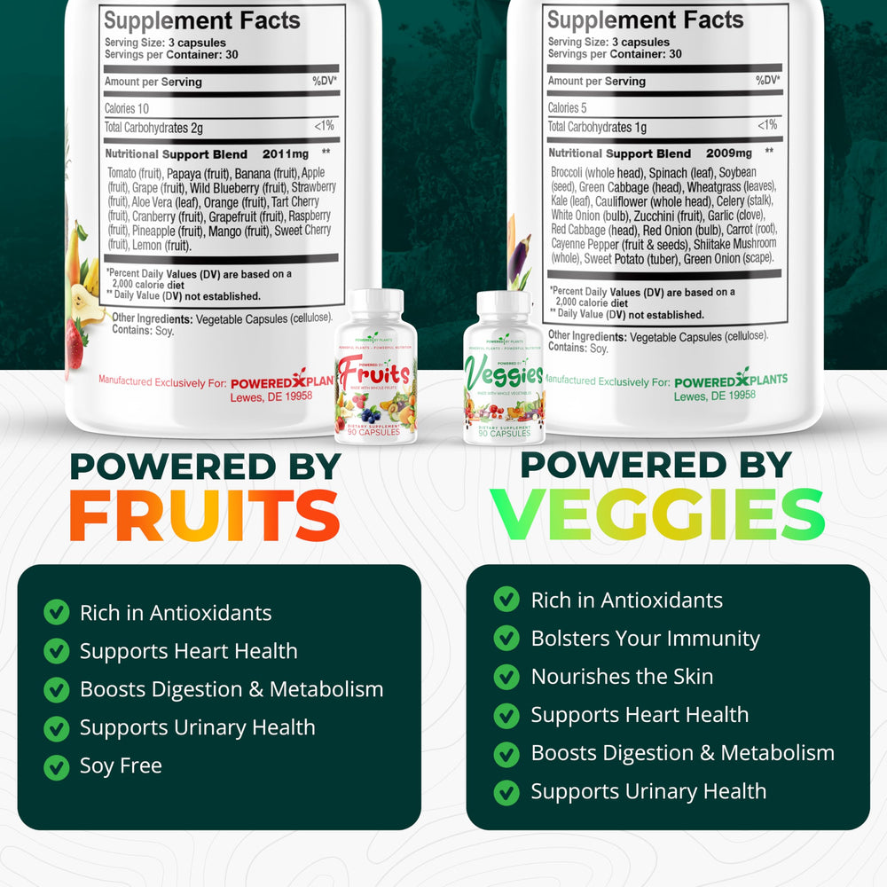 POWERED X PLANTS bottle back lists ingredients and USA-made production.