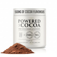POWERED X PLANTS high flavanol cocoa powder bottle showing premium flavor and daily energy support.