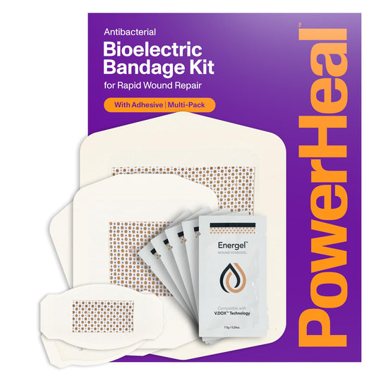 PowerHeal bioelectric bandage kit front view shows three-layer design for potentially faster wound care.