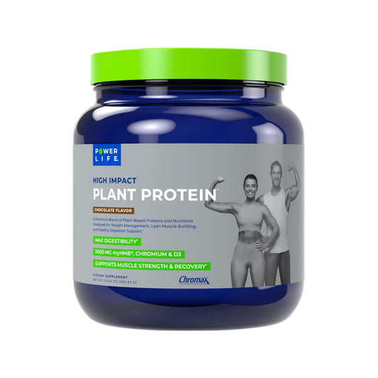POWERLIFE High Impact Plant Protein Chocolate bottle with plant-based protein and HMB support.