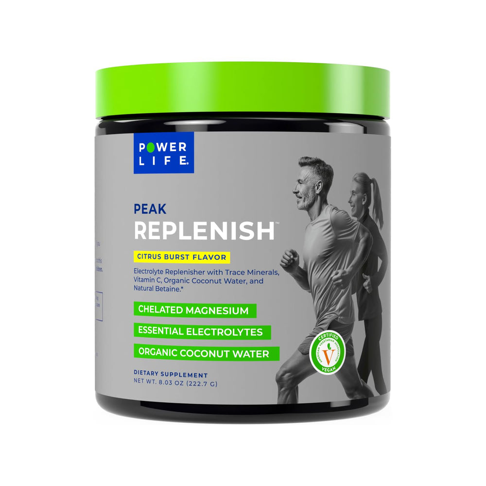 POWERLIFE Peak Replenish bottle pouring to boost hydration during workouts.