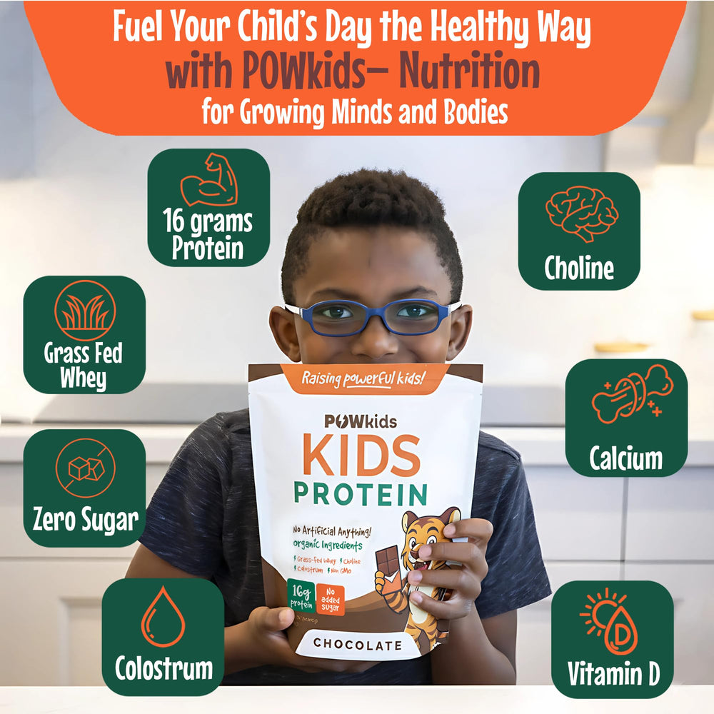 POWkids chocolate powder on spoon showcasing rich flavor and clean ingredients