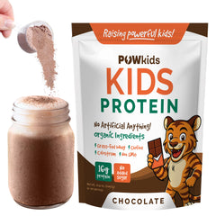 POWkids chocolate protein powder pour shows a kid-friendly post-activity shake idea