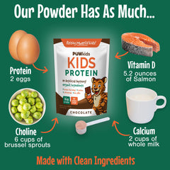 POWkids chocolate protein powder being mixed into milk for a tasty snack