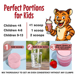POWkids strawberry ingredients panel showcases grass-fed whey and essential nutrients.