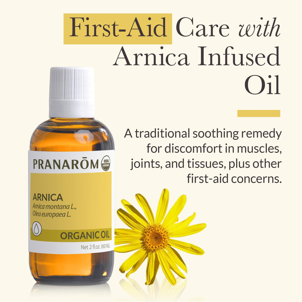 Pranarom Arnica Oil 4-pack packaging shown for regular home massage routines.