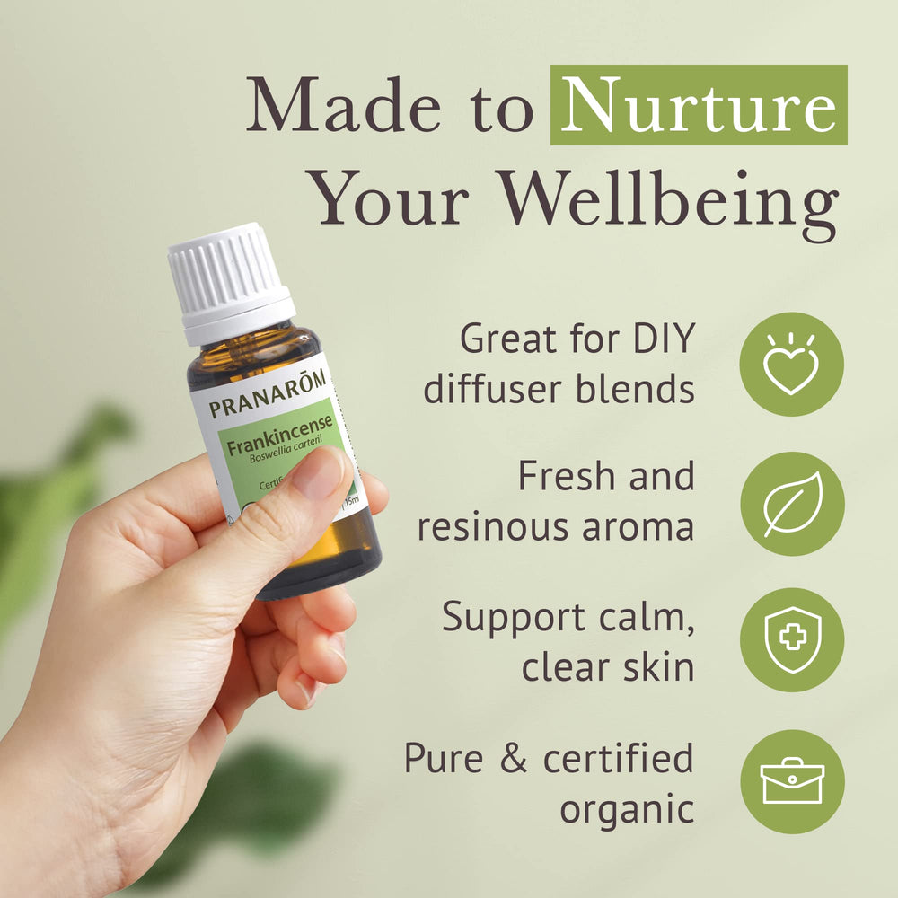 Organic certification badge alongside Pranarom Frankincense oil label.
