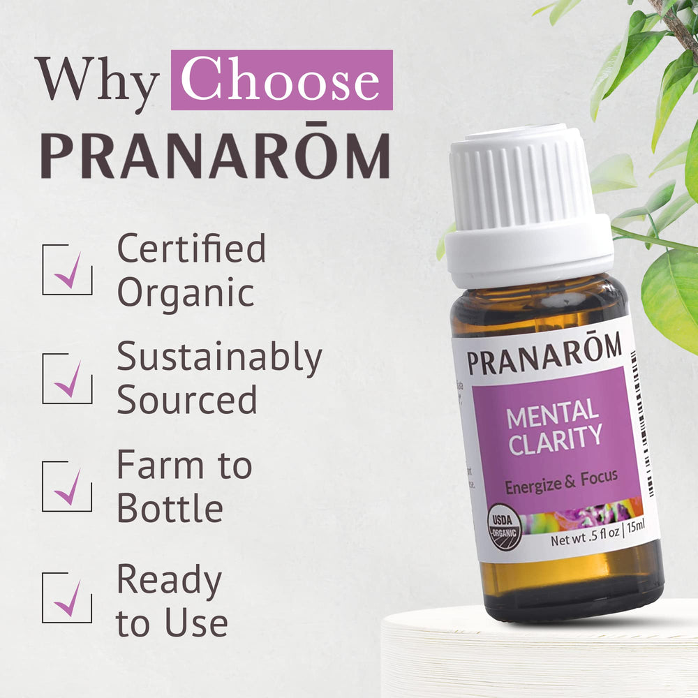 Pranarom Mental Clarity bottle close-up highlights pure essential oil.