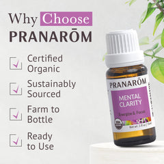 Pranarom Mental Clarity bottle close-up highlights pure essential oil.