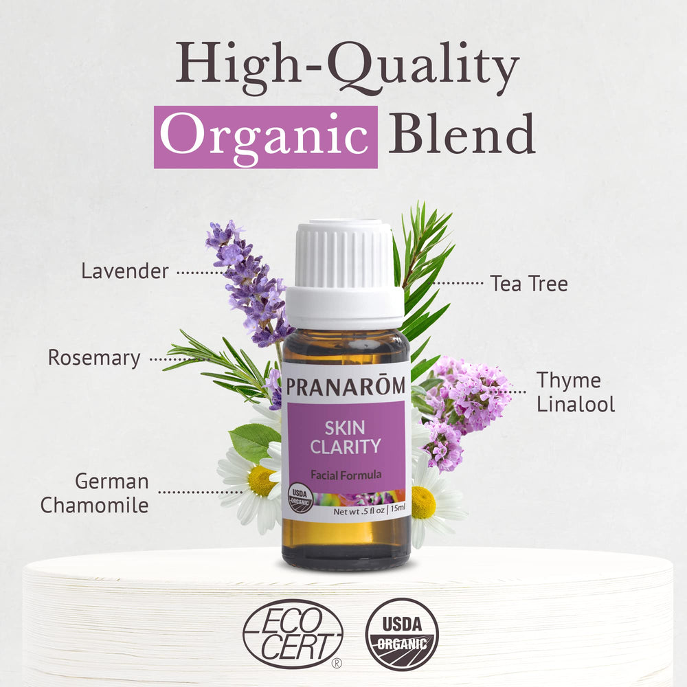 Pranarom Skin Clarity label highlighting ECOCERT and USDA certifications.