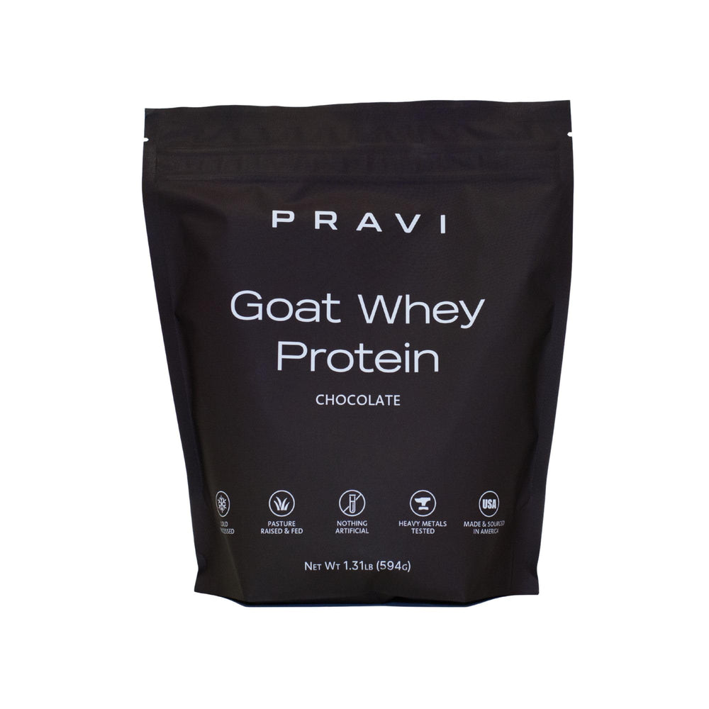 Pravi Nutrition Pure Goat Whey tub front shows clean label and easy digestion.