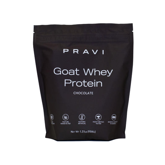 Pravi Nutrition Pure Goat Whey tub front shows clean label and easy digestion.