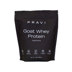 Pravi Nutrition Pure Goat Whey tub front shows clean label and easy digestion.