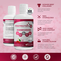 Pre-Protein sugar-free cherry flavor bottle highlighting easy, on-the-go nutrition.
