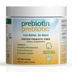 Prebiotin bottle pouring powder into glass to support digestive health