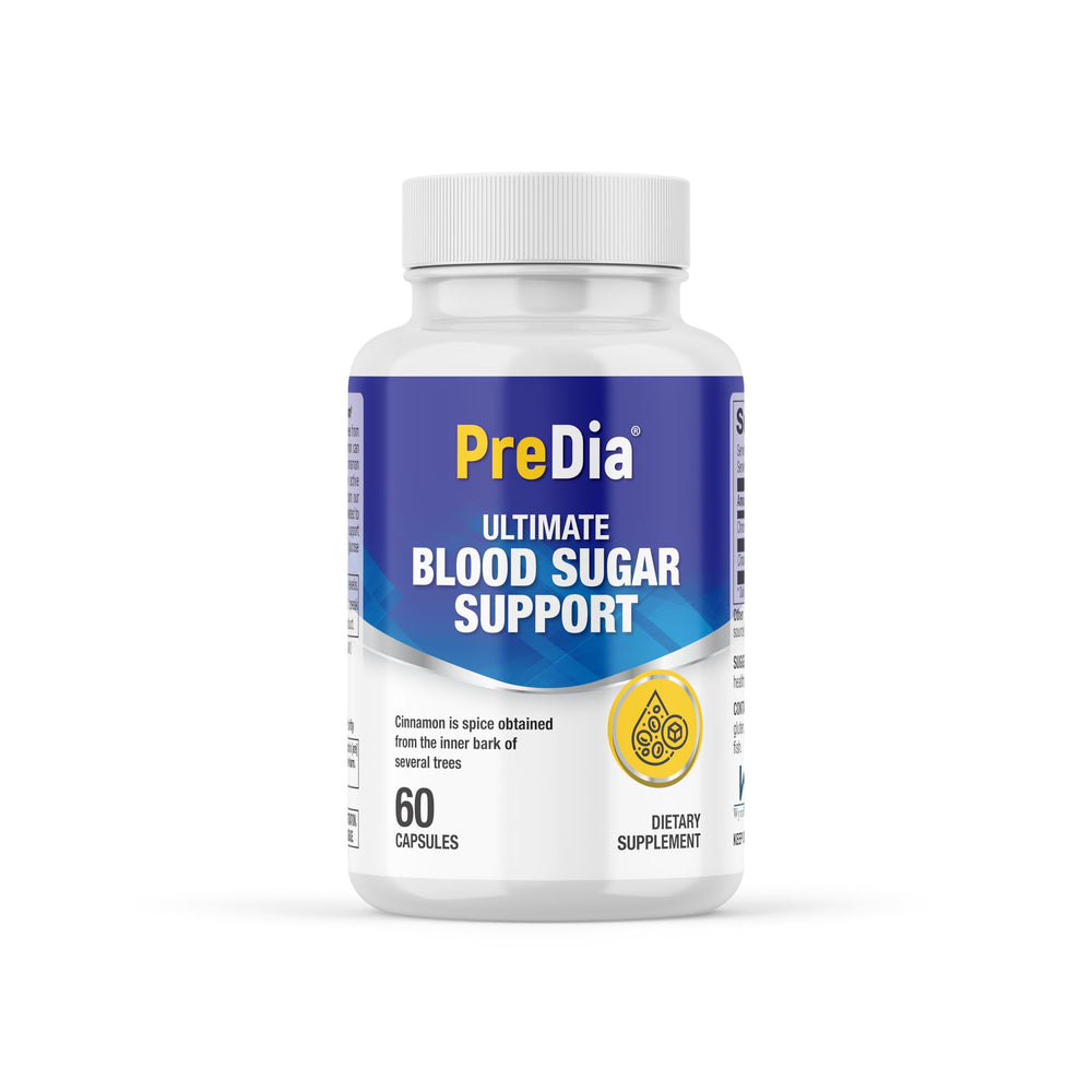 PREDIA Ultimate Blood Sugar bottle—clear label highlights vegan capsules for balance.