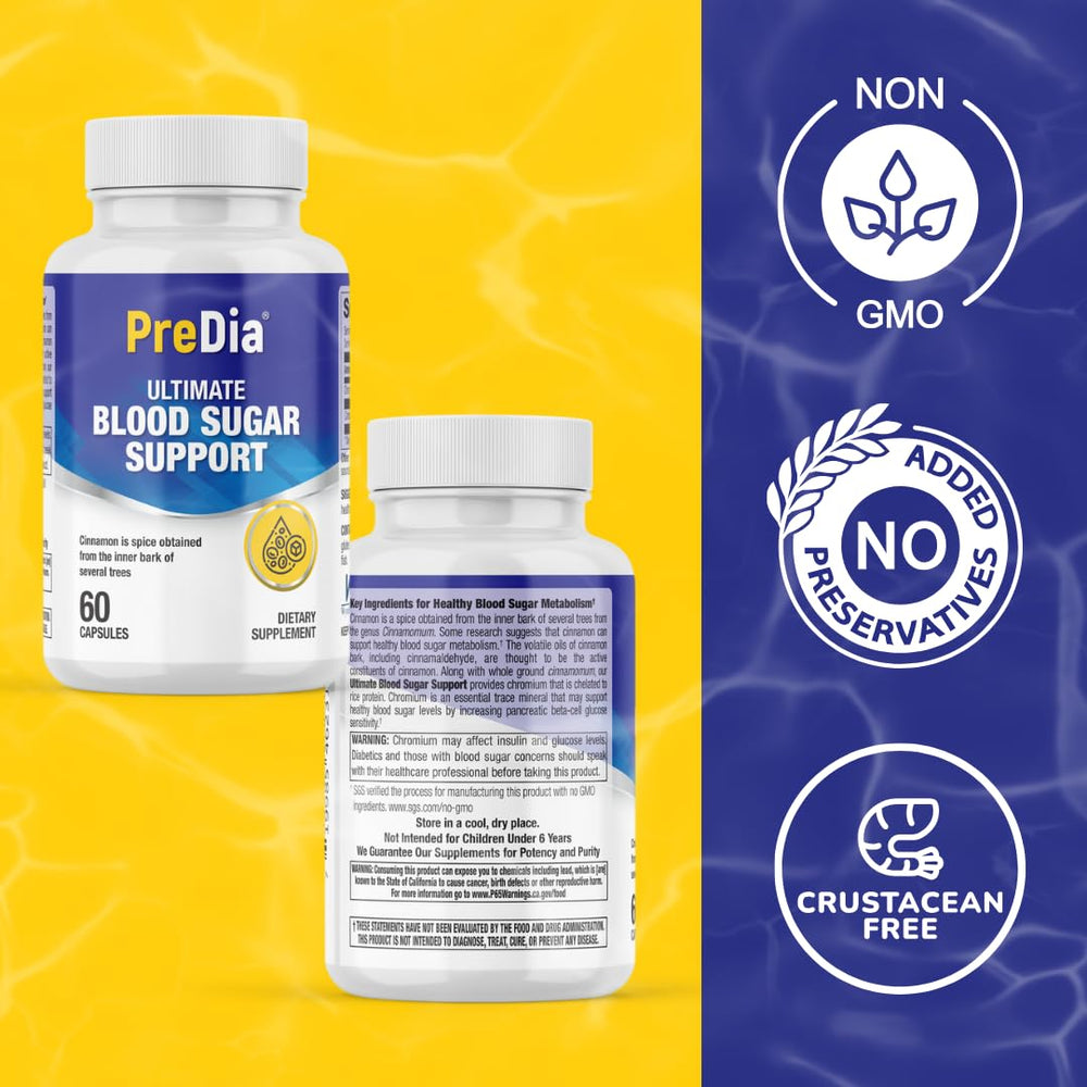 PREDIA Ultimate Blood Sugar glass bottle showcases premium vegan capsules.