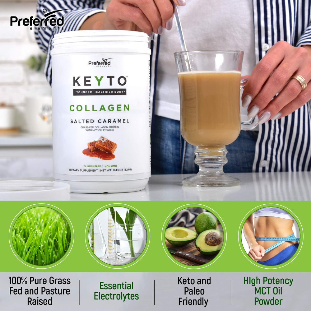 Pouring Preferred Elements Keto Collagen Salted Caramel powder into a cup for a smooth, low-carb shake
