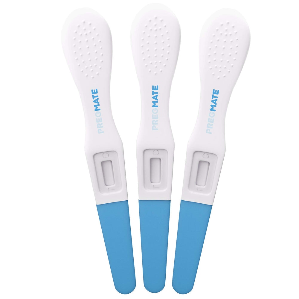 Pregmate ovulation midstream test strip closeup shows clear result lines.