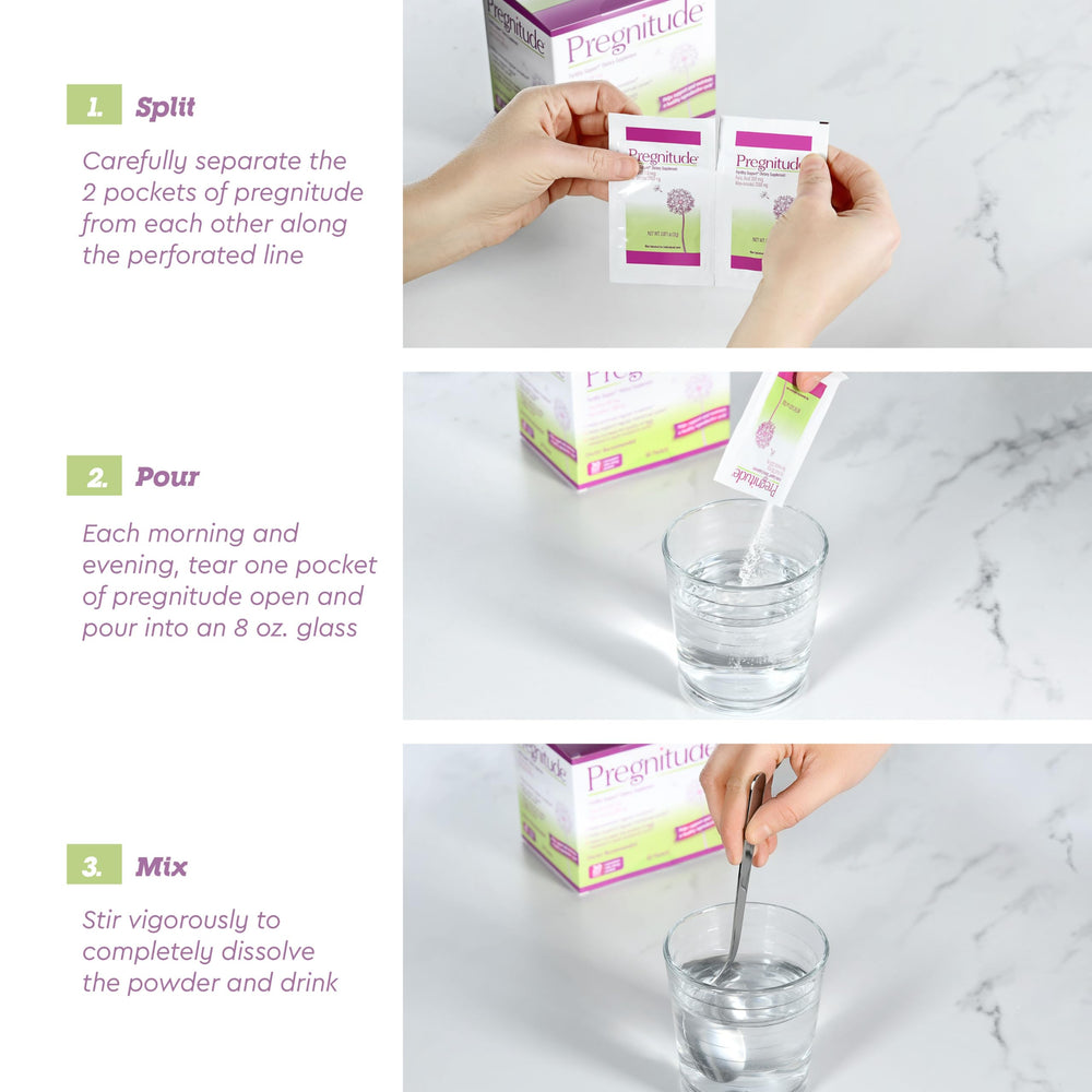 Close-up of Pregnitude packets dissolving easily in water.