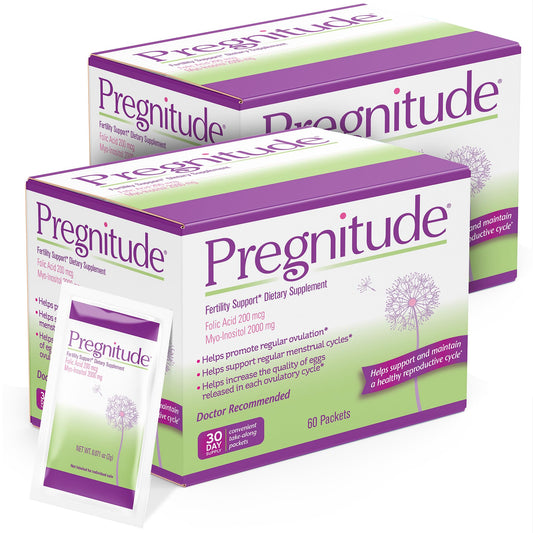 Pregnitude Reproductive Support bottle with 120 packets for easy daily use and cycle regularity.