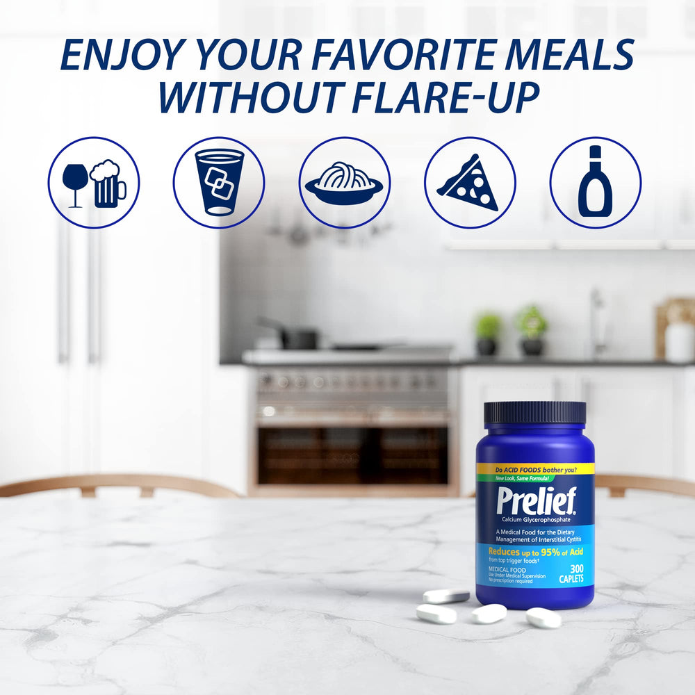 Close-up of Prelief caplets highlights small tablets that help reduce acid in foods