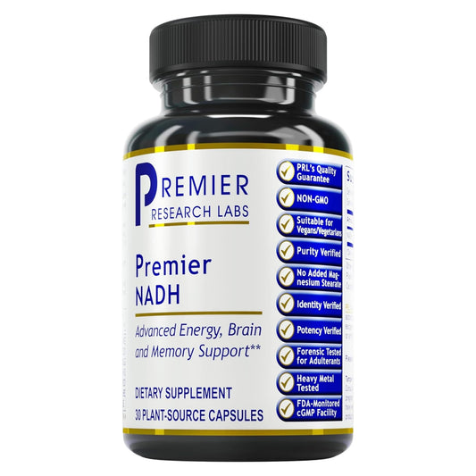 Premier Research Labs NADH bottle on display for daily brain support