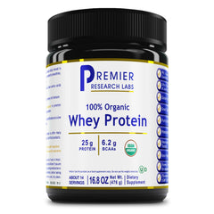 Premier Organic Whey Protein container shows clean, low-heat filtration for purity.