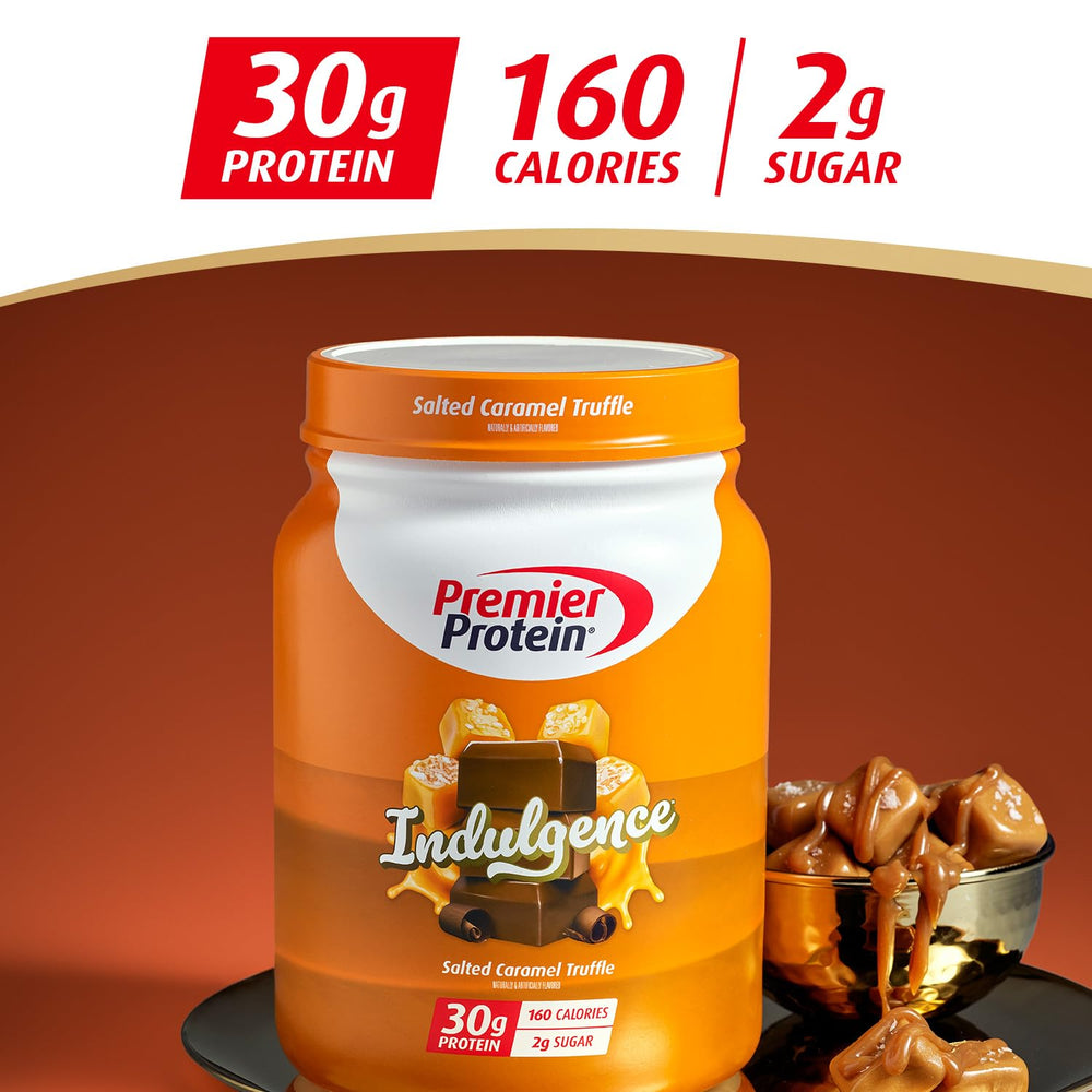 Premier Protein Indulgence Salted Caramel Truffle tub with scoop for convenient serving