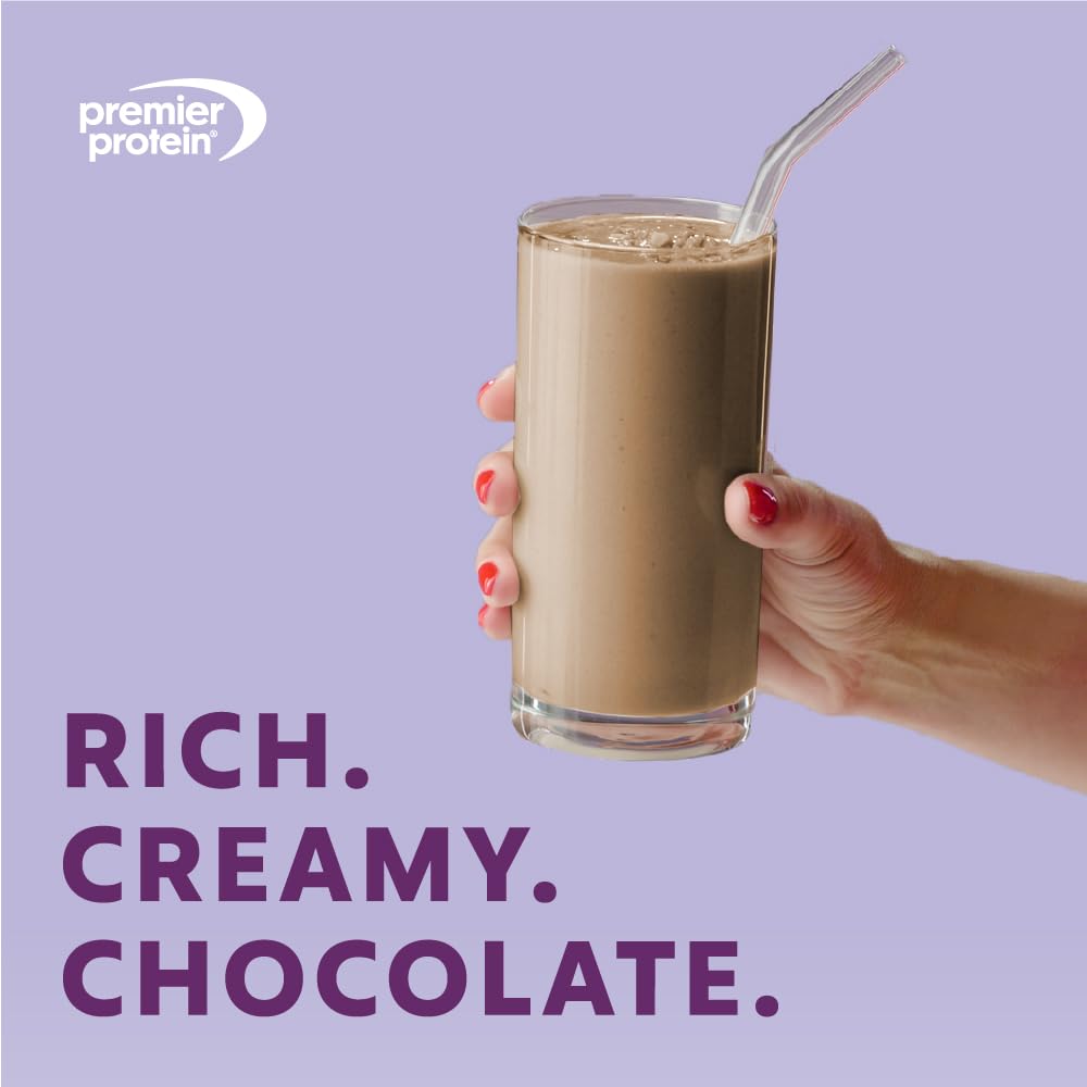 Premier Protein Plus Fiber chocolate bottle pour shows quick mix convenience