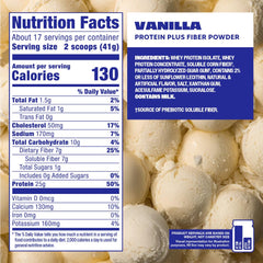 Vanilla Premier Protein Plus Fiber measuring cup beside powder scoop.