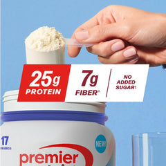 Premier Protein Plus Fiber vanilla powder tub with scoop ready for measurement.
