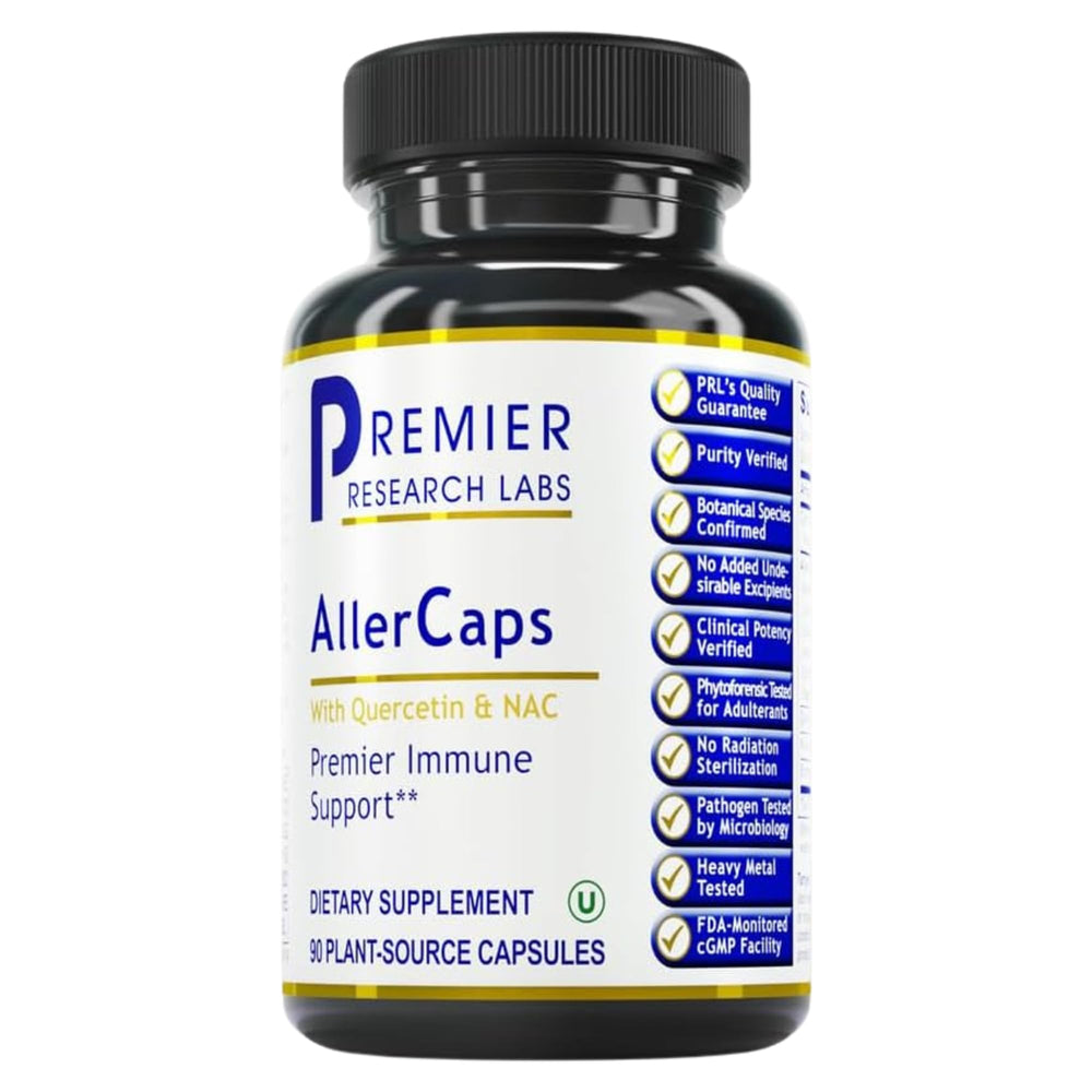 Premier Research Labs AllerCaps bottle packaging highlights a holistic lung support formula for daily wellness.