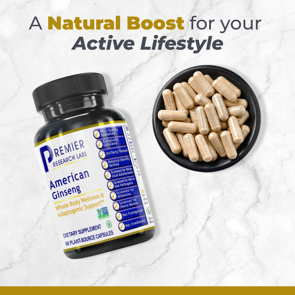 Premier Research Labs American Ginseng capsules pouring for daily use