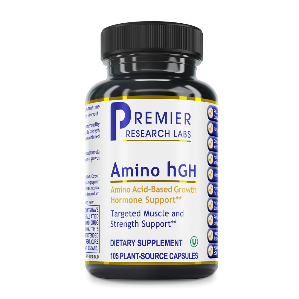 Premier Research Labs Amino HGH bottle with capsules for daily muscle support