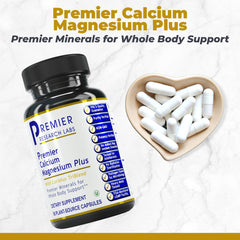 Premier Research Labs Calcium Magnesium Plus ingredients closeup highlighting vegan coral calcium