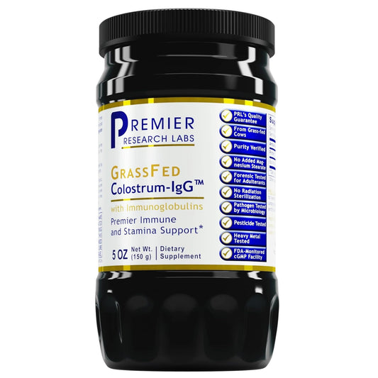 Premier Research Labs Colostrum-IgG powder bottle boosts daily immune readiness.
