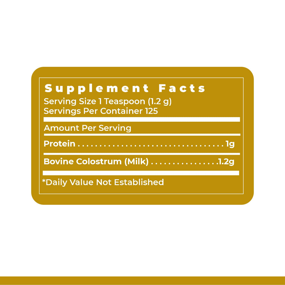 Premier Research Labs Colostrum-IgG powder nutrition label highlights lactoferrin and amino acids.