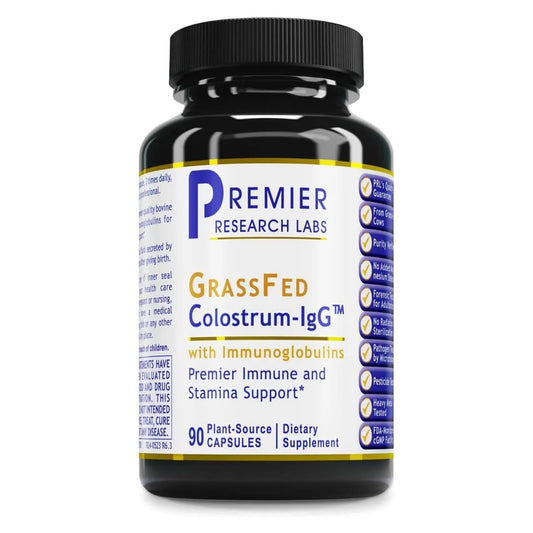 Premier Research Labs Colostrum-IgG bottle packshot for immune support and gut health.