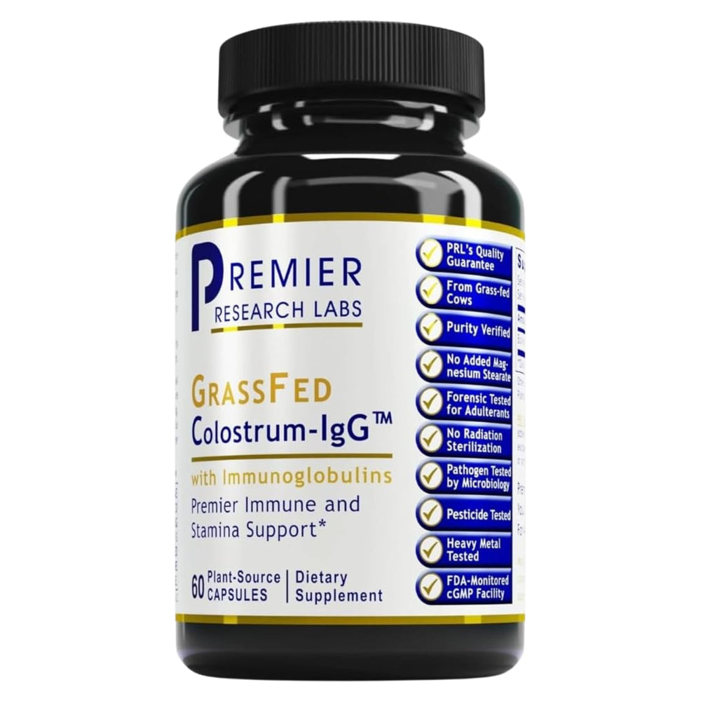 Premier Research Labs Colostrum IgG bottle highlighting purity and immune support potential