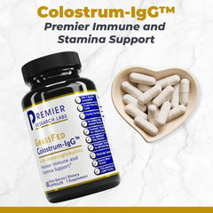 Premier Research Labs Colostrum IgG capsules close-up showing texture and potency