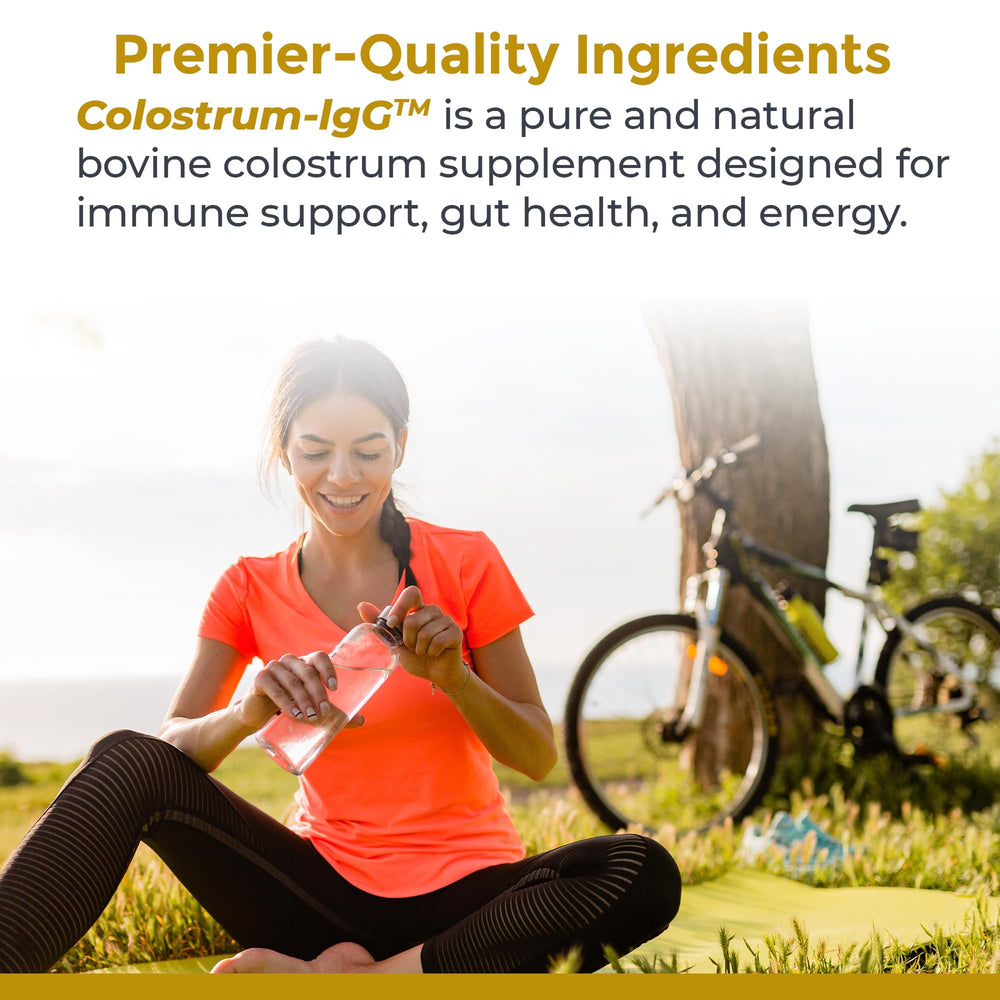 Premier Research Labs Colostrum-IgG ingredients chart highlights lactoferrin and nucleotides.