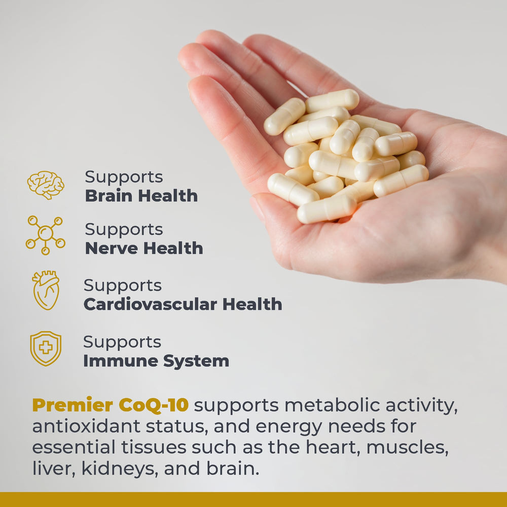 Premier Research Labs CoQ10 capsule with red algae for balanced nutrition.