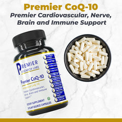 Premier Research Labs CoQ10 capsule with trans isomer emphasizes bioavailability.