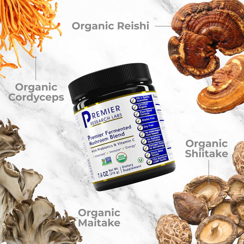 Premier Research Labs cordyceps powder boosts daily energy and balance when mixed into drinks.